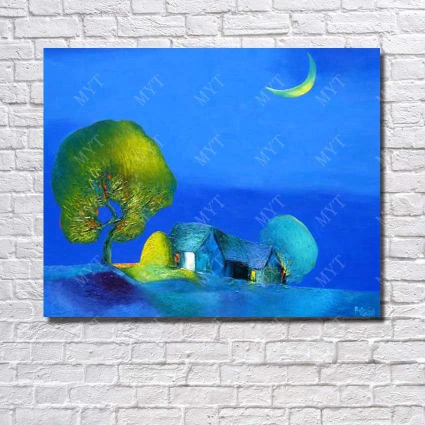 Village night scenery hand paint wall art painting modern canvas landscape oil reproduction | Дом и сад