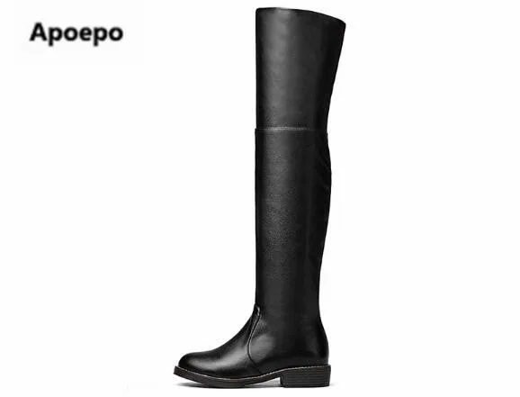 

Selling brand shoes black pu leather thing high boots women lace up flats winter women shoes motorcycle boots plus size 10.5
