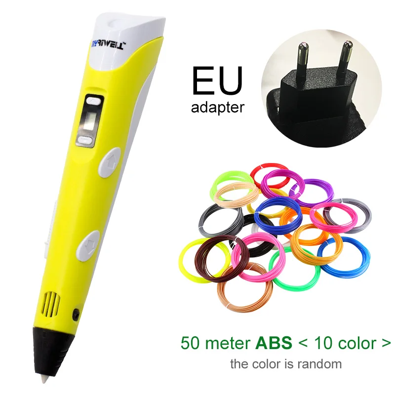 Myriwell, 3D Ручка, сделай сам, 3d принтер, ручка для рисования, 3d печать, лучшая для детей, с ABS нитью, 1,75 мм, подарок на Рождество, день рождения - Цвет: Yellow EU-50m ABS