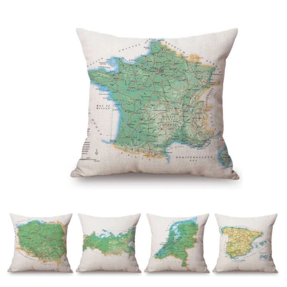 Nordic Bookish Home Decorative European Countries National Map Print Sofa Throw Pillow Case Cotton Linen Library Cushion Cover