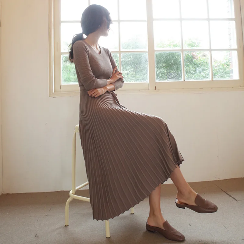 Вязаные платья женские осень и зима 2018 новый длинный рукав тонкий низ свитер выше