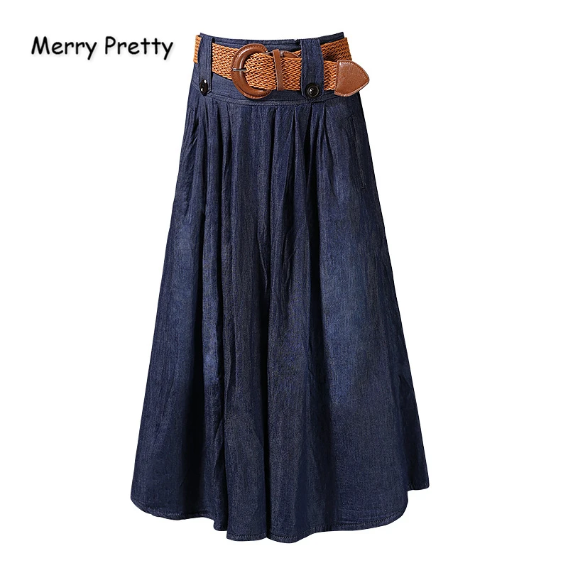 Женская джинсовая юбка с поясом Merry Pretty плиссированная эластичным на осень