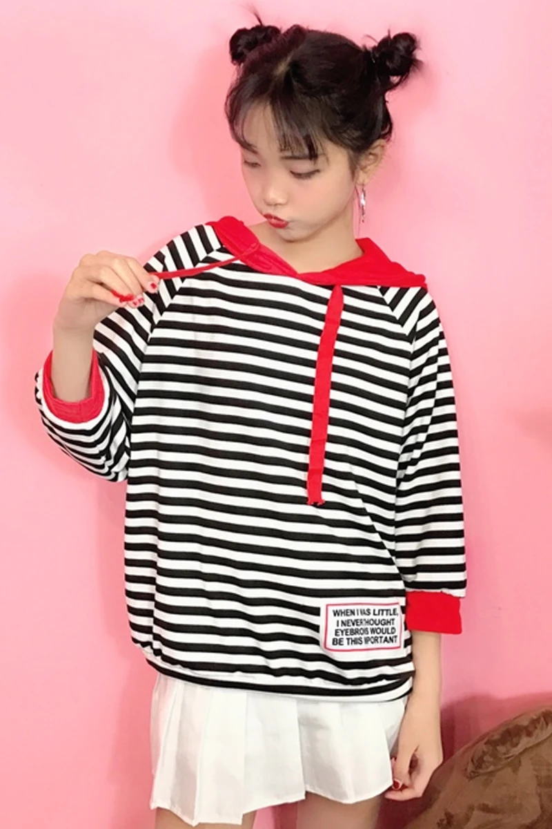Summer 2017 Korean loose striped hooded hoodies female students all-match seven coat sleeve shirt | Женская одежда