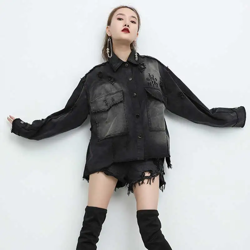 Women Black Riped Punk Denim Jacket Loose Jeans Vintage Casual Street Harajuku Coat Female Casaco Feminino | Женская одежда