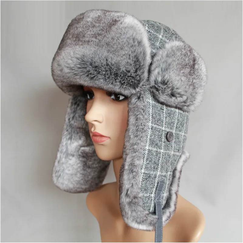 B-8504 Adult Bomber Trapper Hats Male Thick Winter Warm Rabbit Fur Hat Russian Ushanka Hat