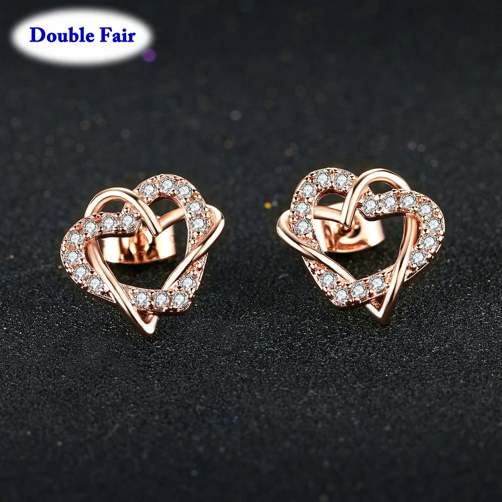 Женские серьги гвоздики в форме сердца с фианитом|stud earrings rose gold|cubic zirconia stud
