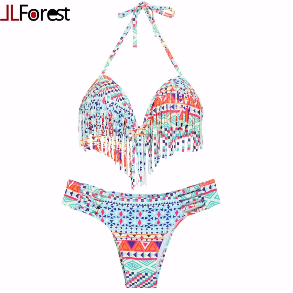 Jlforest 2017 Этническая Стиль геометрическим принтом бикини кисточкой купальник