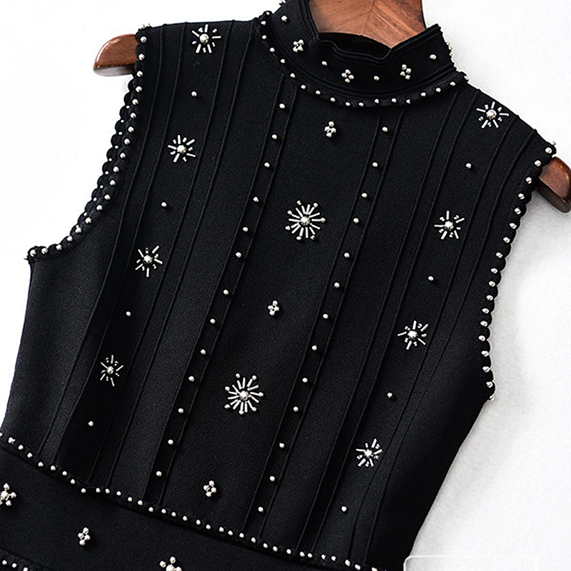 Black Dress Women Beading Sleeveless Backless 53% Viscose Blended Knitted Elastic Fabric Elegant Party New Fashion 2018 | Женская одежда
