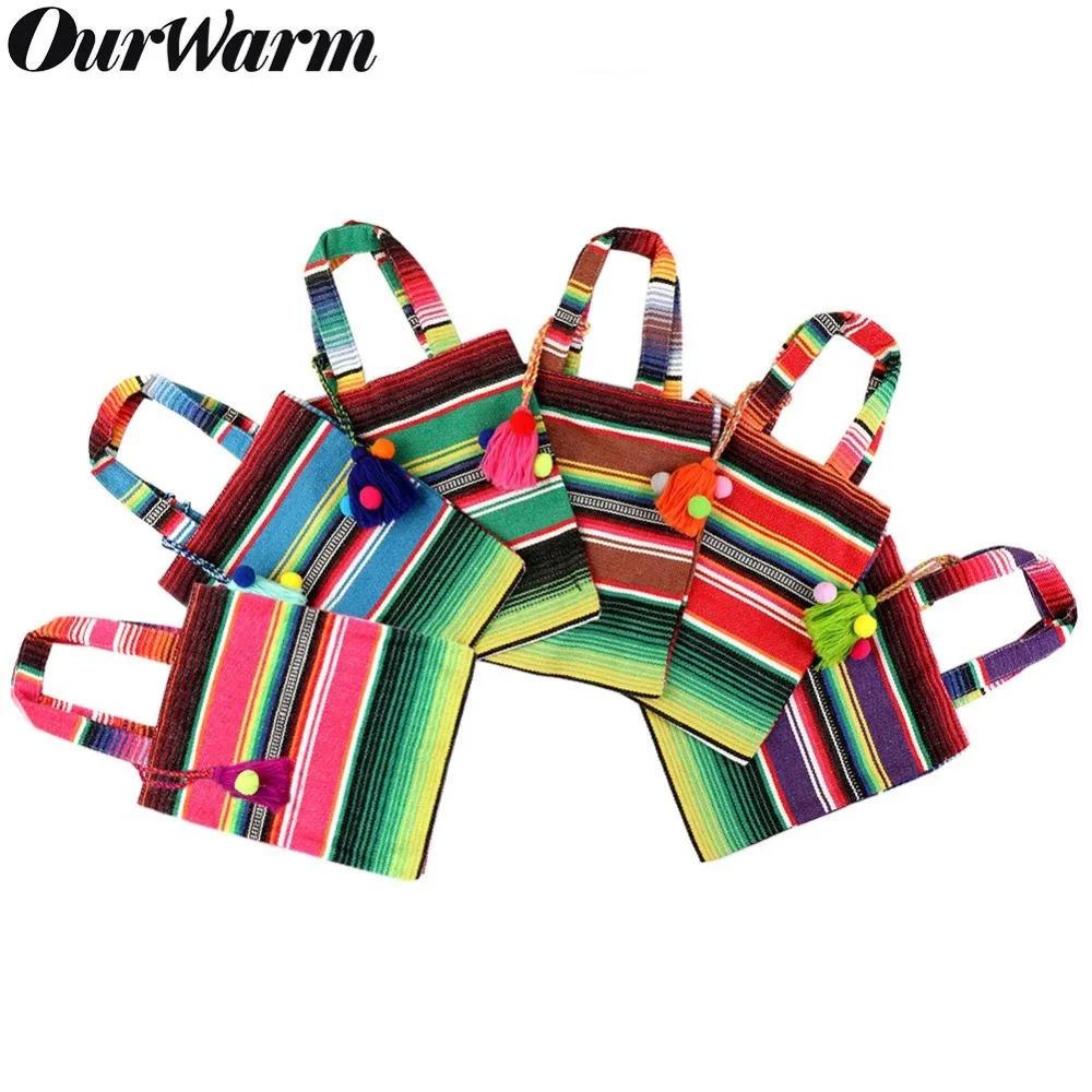 OurWarm Mexican Party Favor Cotton Gift Bag Colorful Handle Candy Bags Tassel Fiesta Themed Baby Shower Wedding Birthday Bags