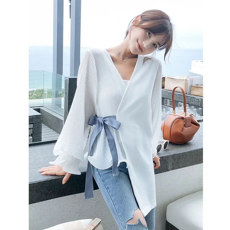 White Irregular Women Blouse Fashion Patchwork V Neck Harajuku Blusas Bow Belted Elegant Office Lady Long Sleeve Cardigan Tops |