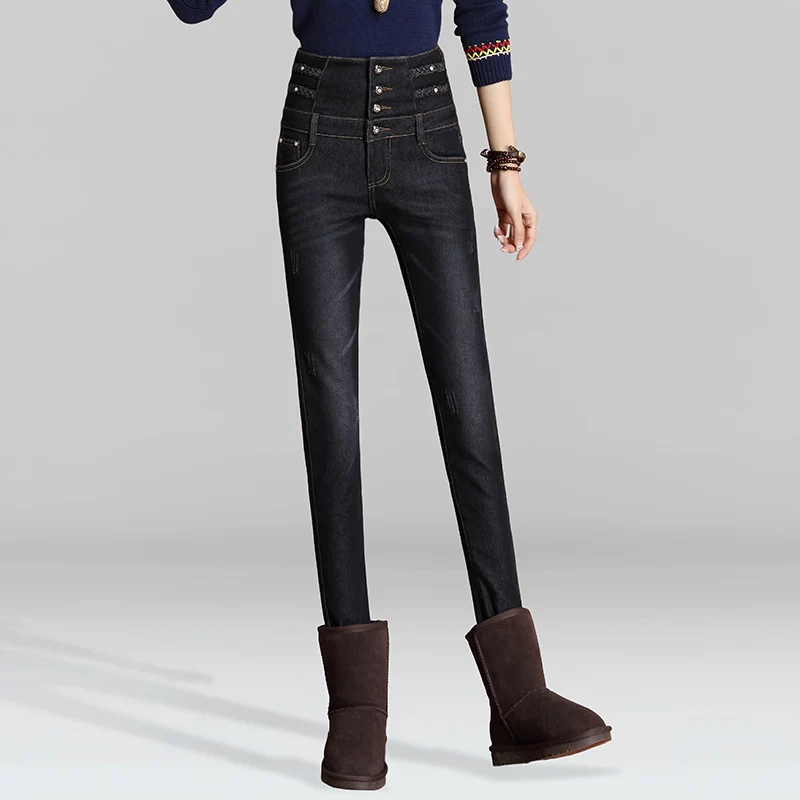 Super Warm Thick Pencil Jeans Pants For 2018 Women Winter Soft Fleece High Waist Denim Trousers Female Slim Narrow pants |