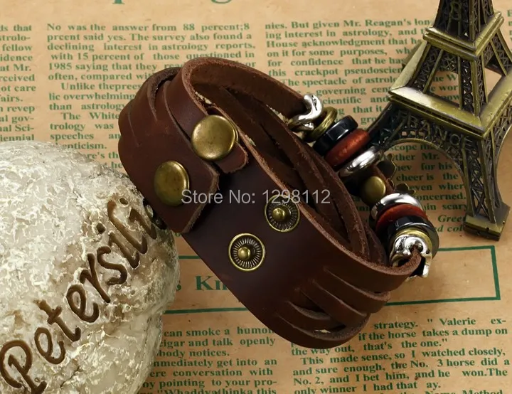 Vintage old bronze bracelet Jewelry genuine cow leather two buttons Bangles with shinning crystal drill adjustalbe For men SL21 | Украшения
