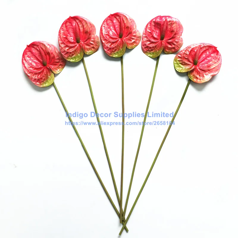 Kopen Indigo-Groothandel 100Pcs Anthurium Plastic Real Touch Display Bloem Bruiloft Bloem Woondecoratie Tafel Bloem Groothandel