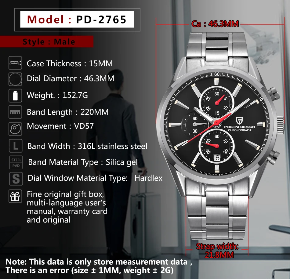 Часы PAGANI мужские спортивные деловые кварцевые с синим циферблатом и хронографом