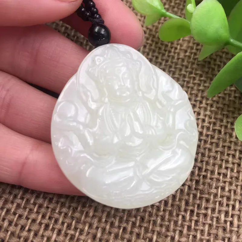 Натуральный Синьцзян Хэтянь нефрит белая рука Гуаньинь подвеска 38*42 мм