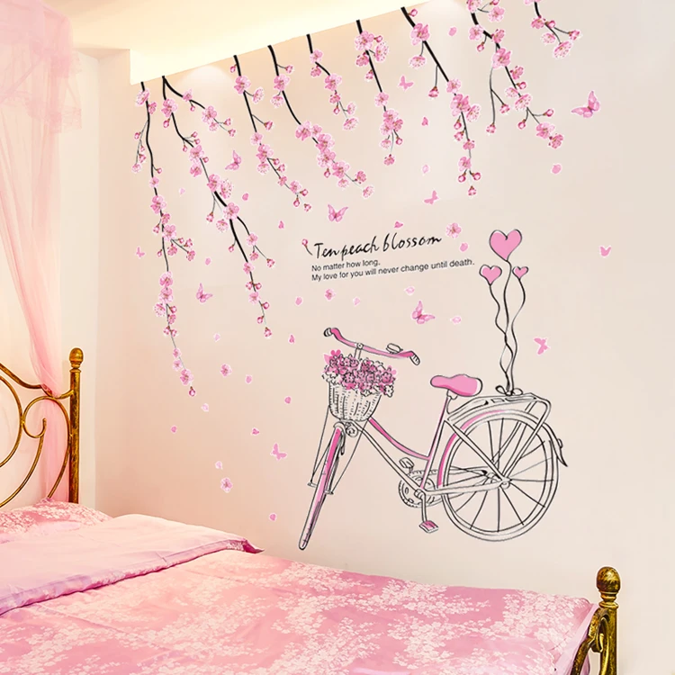 [SHIJUEHEZI] Cartoon Girl Wall Stickers DIY Peach Flowers Bicycle Mural Decals for Kids Rooms Baby Bedroom Nursery Decoration