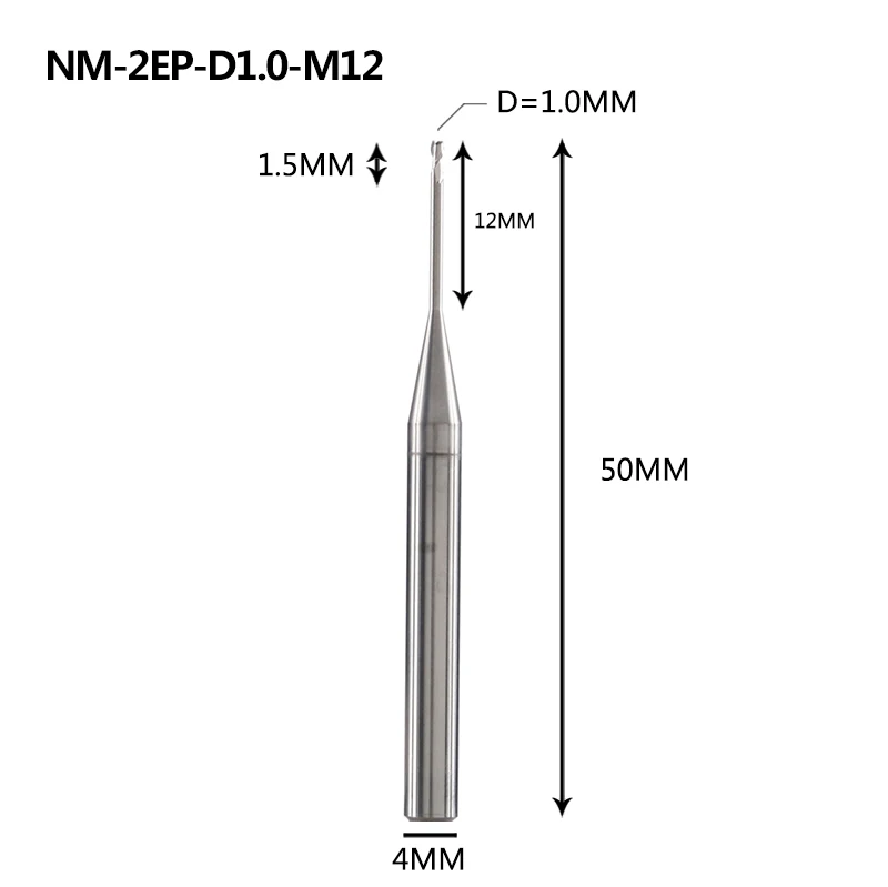 NM-2EP Вольфрамовая сталь 2 Флейта квадратная длинная шея с покрытием Концевая фреза Фрезерный резак режущие инструменты для меди и алюминиевого сплава - Длина режущей кромки: NM-2EP-D1.0-M12