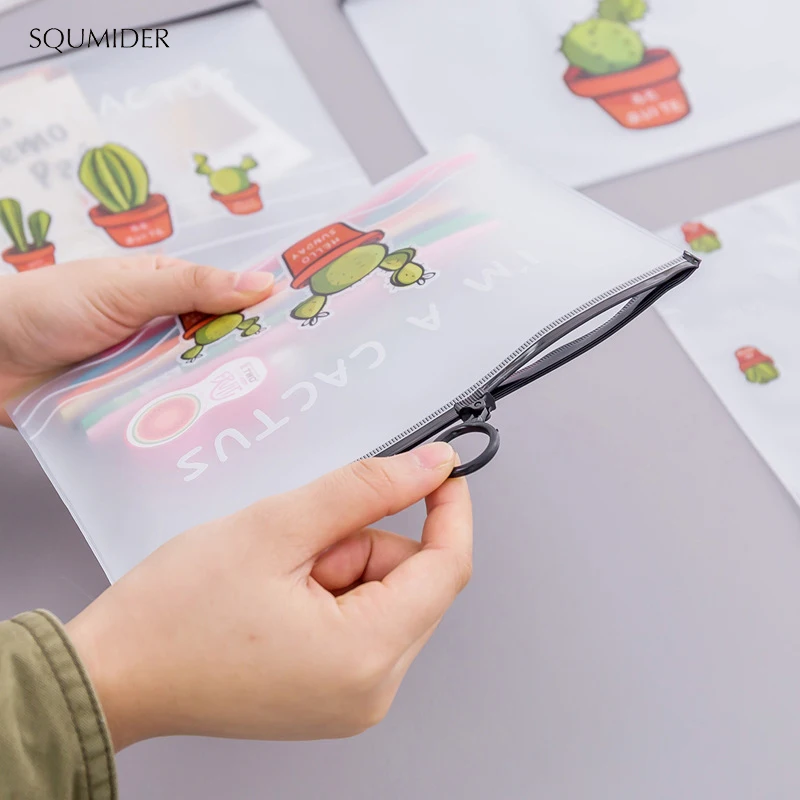 

SQUMIDER Cartoon Multi-action Transparent Matte Cosmetic Bag Lovely Cactus Ring Pocket Student Pencil Bag Stationery Bag Gifts