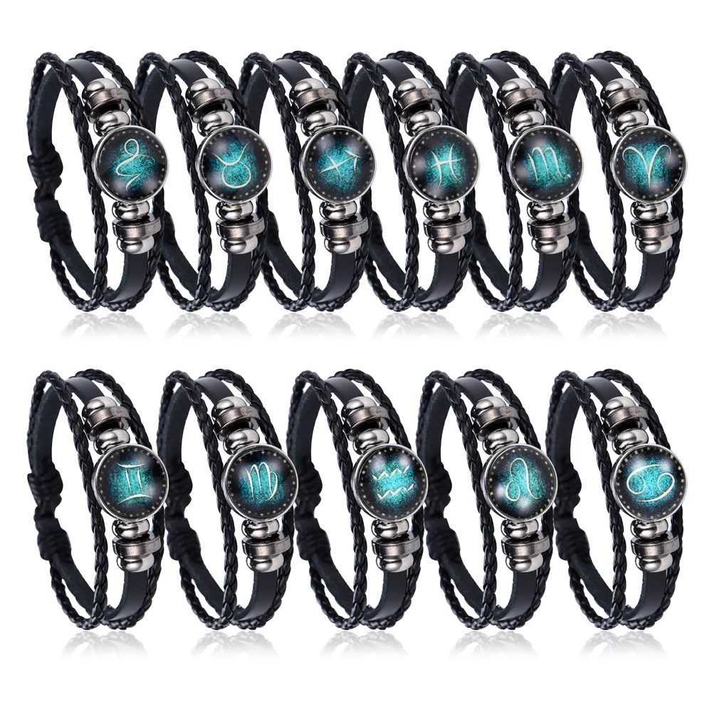 

NEW Fashion 12 Constellations Leather Zodiac Sign with beads punk Bangle Bracelets For Men Boys Jewelry Travel Accessories Gifts