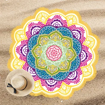 BlessLiving Mandala Lotus Tapestry Floral Round Beach Towel Tassel Sunblock Bikini Cover-Up Blanket Bohemian Colorful Picnic Mat 3