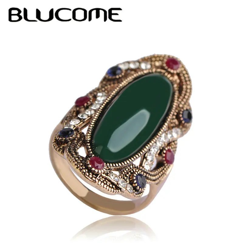 Женское кольцо с кристаллами Blucome зеленое овальное в винтажном турецком стиле