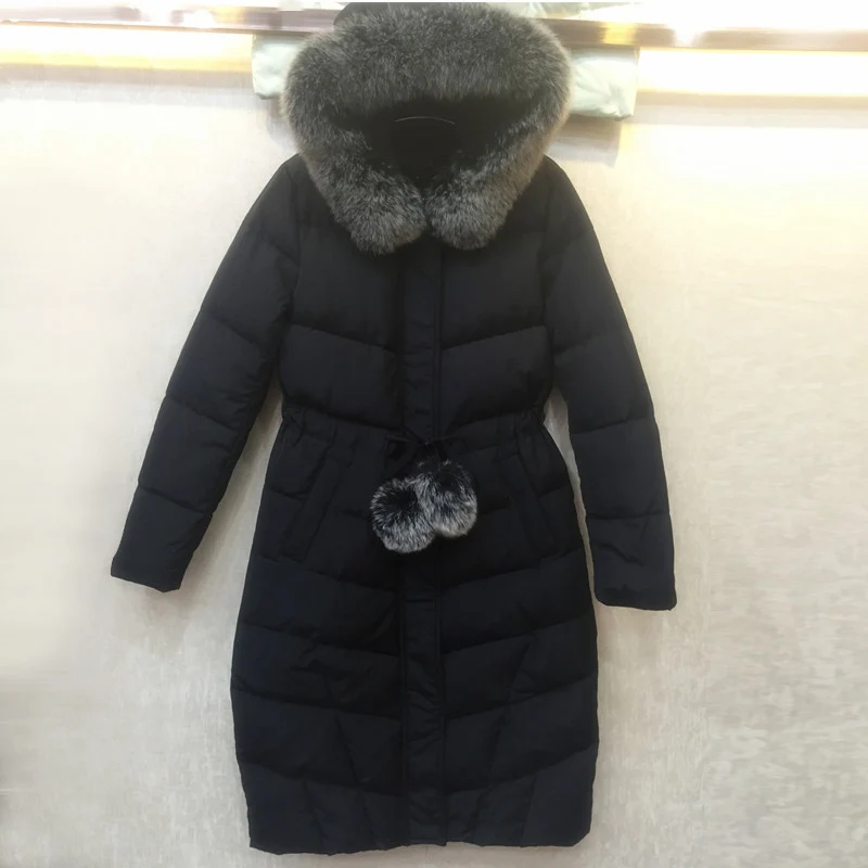 Пуховик женский зимний длинный с регулируемой талией и воротником из лисьего