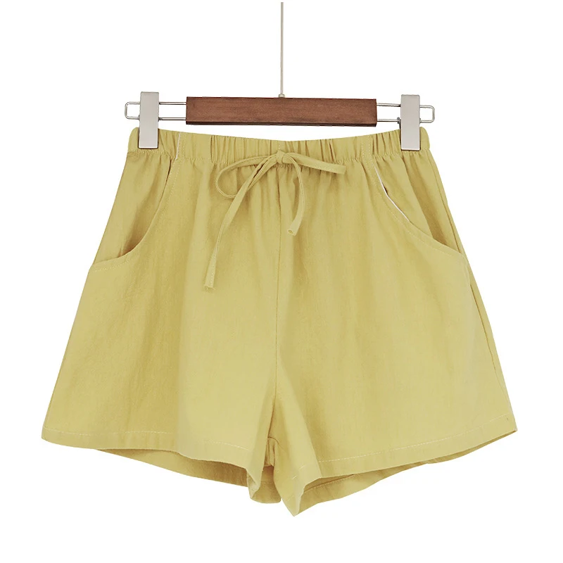 Goose Yellow Хлопок льняные шорты женские летние шорты брюки Feminino женские высокие эластичные домашние Свободные повседневные шорты с карманами - Цвет: Goose Yellow