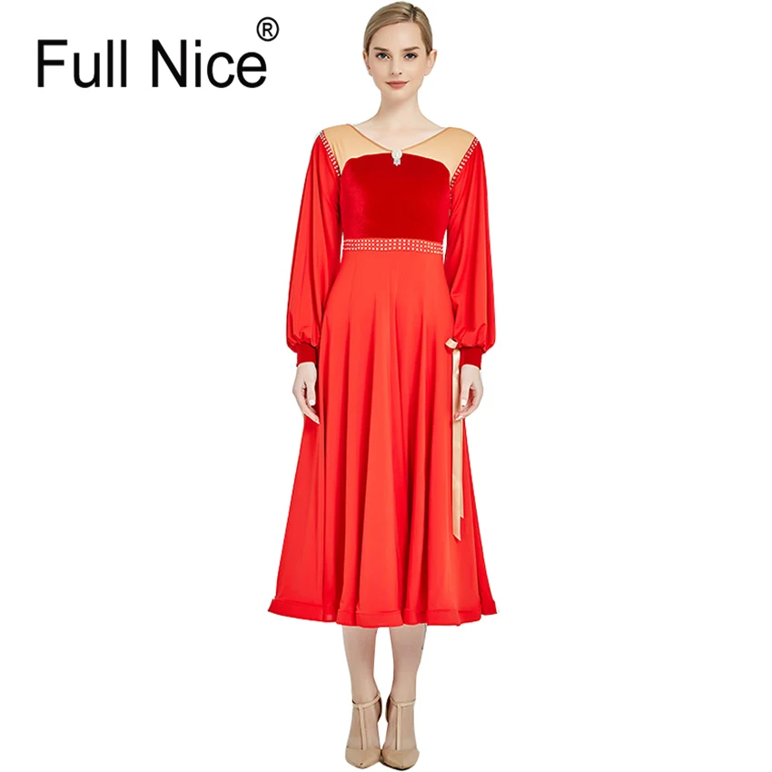 Ballroom dance dress Modern puff sleeve velvet one piece flamenco rumba samba walt standard group clothes | Тематическая одежда и