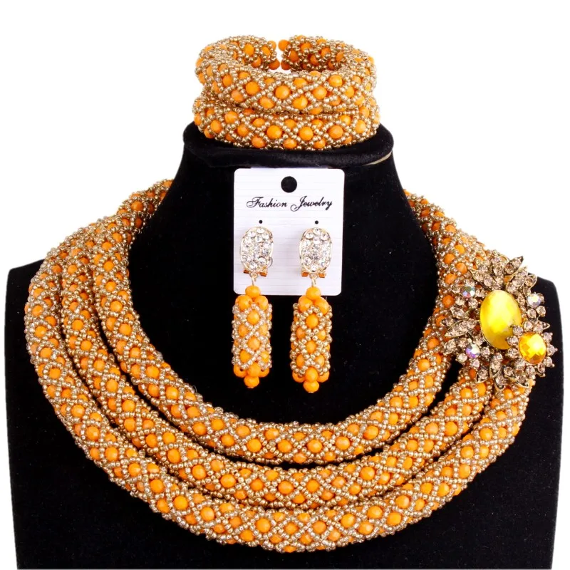 Costume Wedding Jewelry Sets Crystal Orange &amp Gold Womens Necklace Jewellery 3 Layers Handmade African Nigerian Beads Set | Украшения и