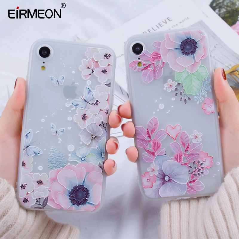EIRMEON 3D Рельефный цветочный чехол для iPhone 7 8Plus XR XS Max 5 6 6S Plus X матовый мягкий