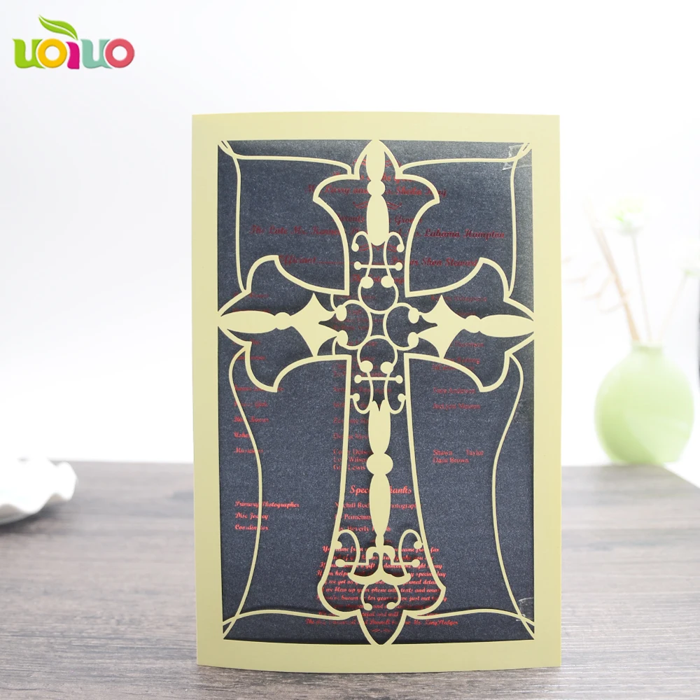 Cross Design Birthday Cards laser cut pearl paper wedding invitation cards hot foiling gold or silver color insert card