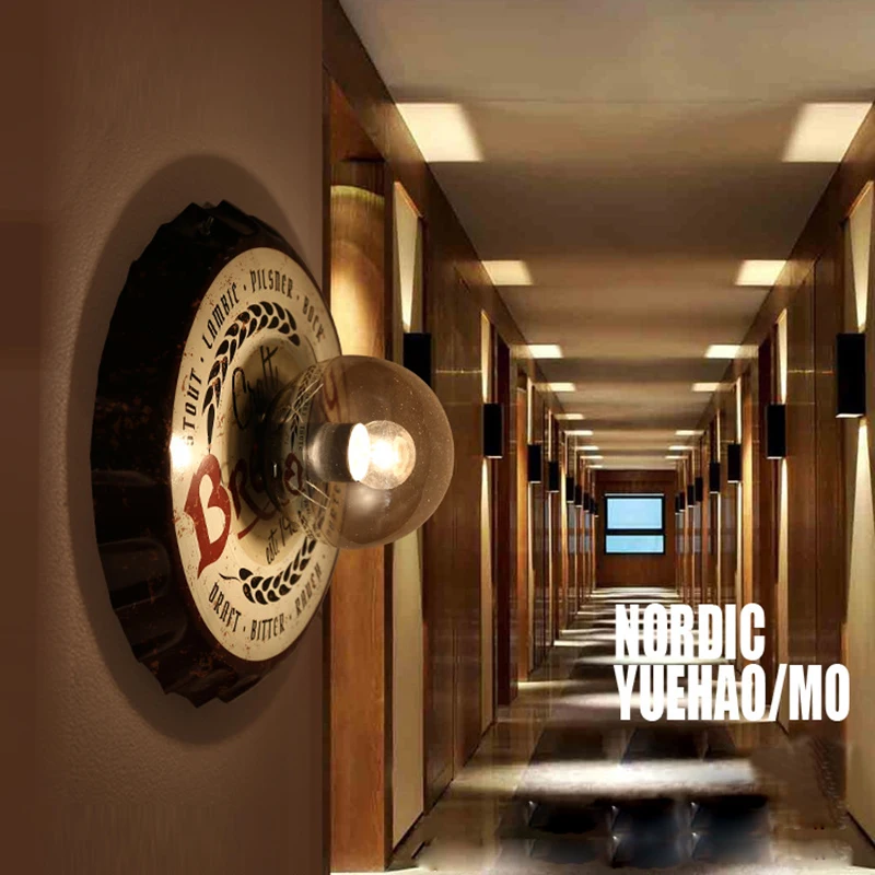 Настенный железный светильник E27 в стиле ретро с крышкой для бутылки пива