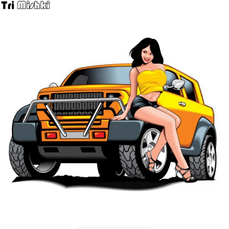Tri Mishki WCS722 #12 х 16 см Сексуальная Девушка сидит большой автомобиль Красочные