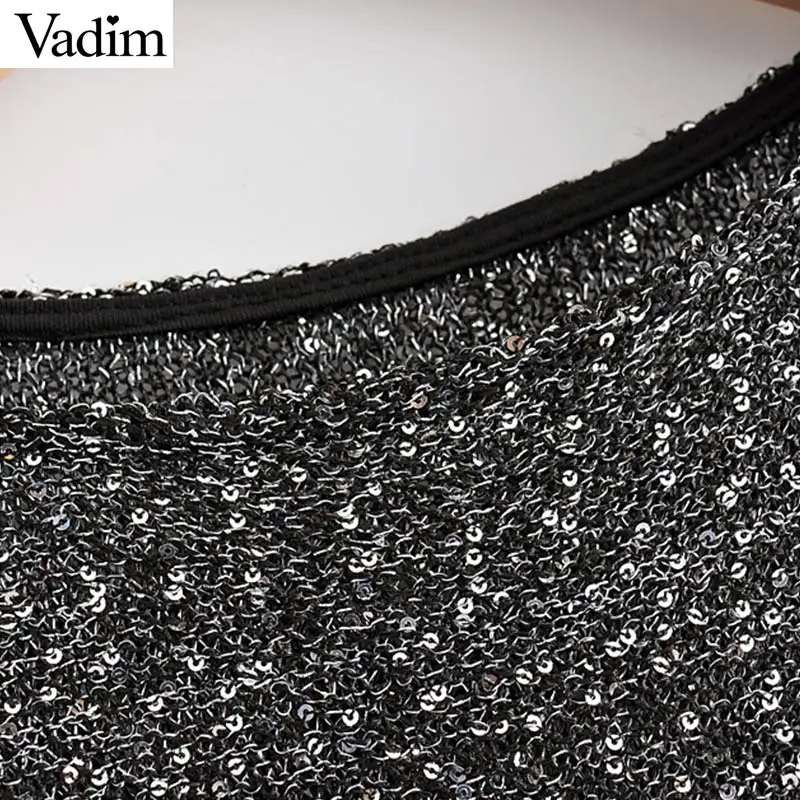 Vadim women loose sequined knitted sweaters see through pleated lantern sleeve stretchy pullovers female casual solid tops HA380 | Женская