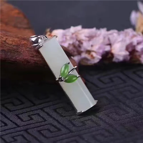 Серебра 925 натуральный Зеленый Белый Хотан Ю. Камень Bamboo Стиль мотаться Лаки