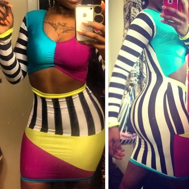 New Women Sexy Celebrity Stripe Panel Cut Out Long Sleeve Dress Bandage Midi Club Pencil 4121 | Женская одежда