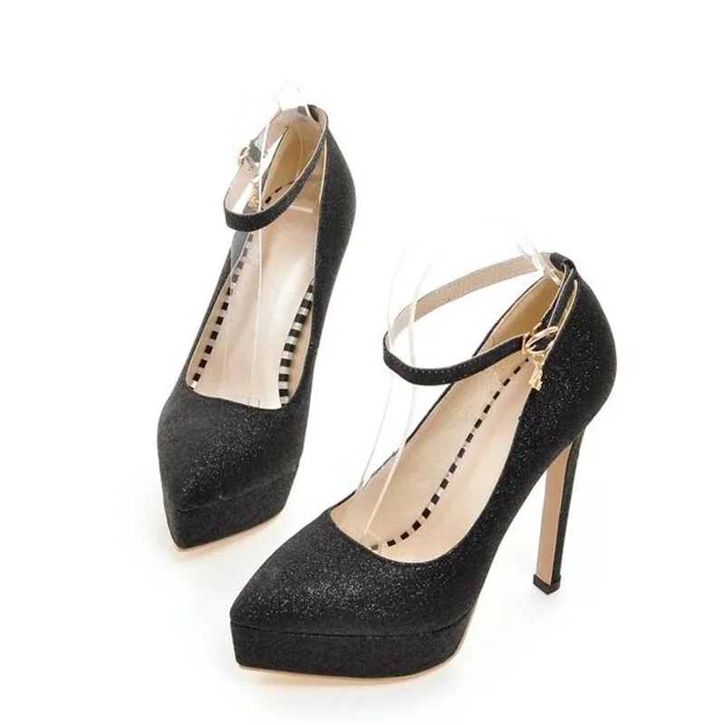 Spring New pattern fashion Cusp temperament Simplicity Sequins black sexy High-heeled Waterproof banquet marry Women Shoes 34-43