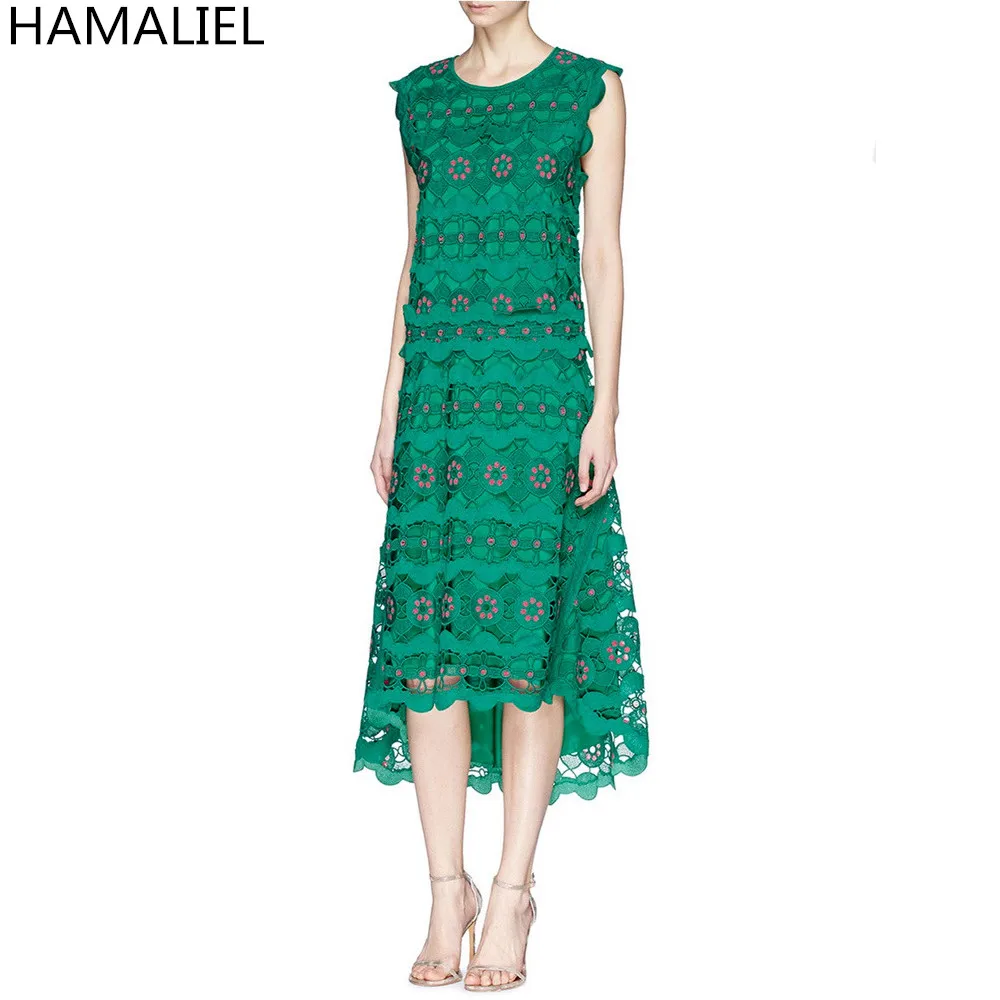 Летнее женское вечернее платье 2018 подиум без рукавов кружевное открытое зеленое