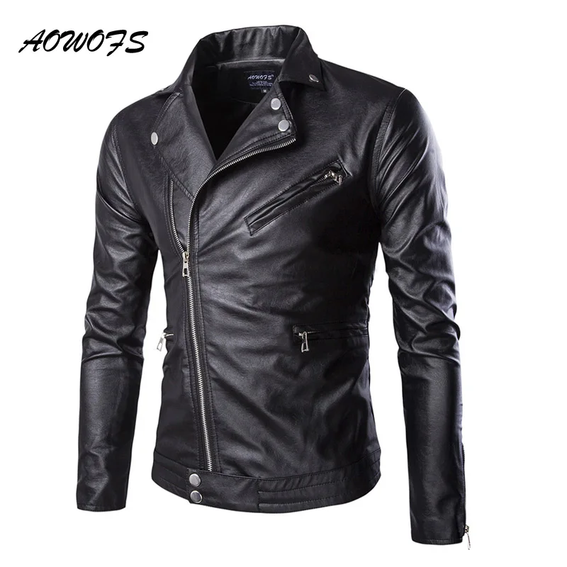Aowofs Для мужчин s Синий Кожаные куртки Slim Fit кожа Блузон куртка пальто дизайнер