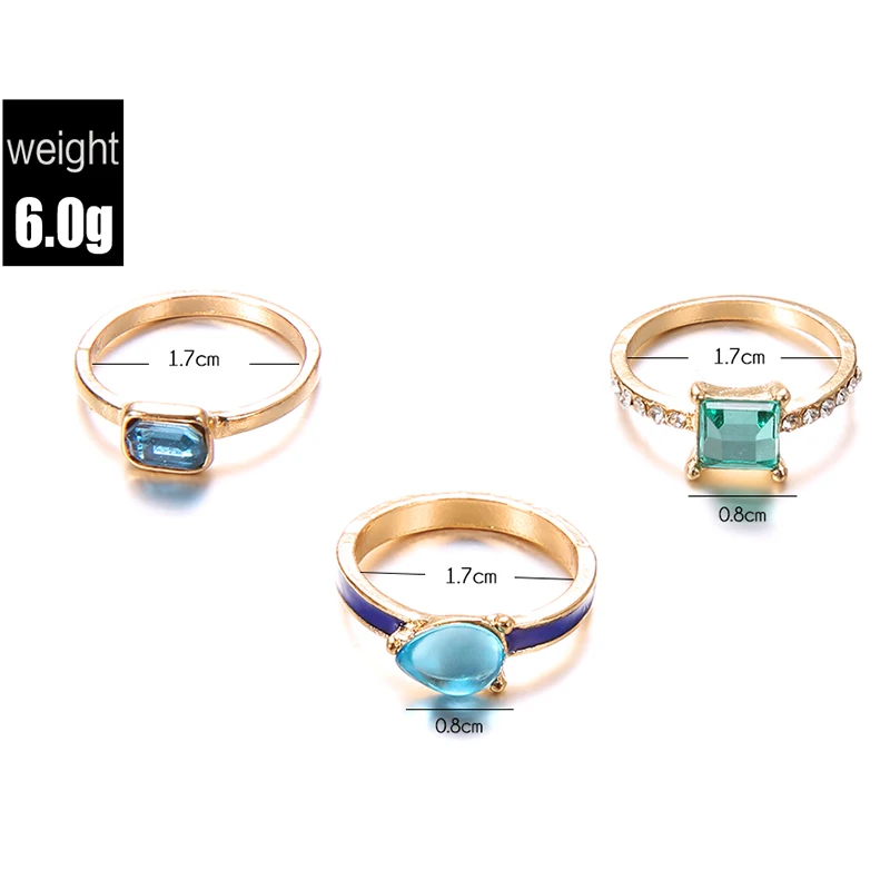 3 Pcs/Set Simple Crystal Gem Drop Square Geometry Gold Joint Ring Women Fashion Party Wedding Jewelry Accessories | Украшения и