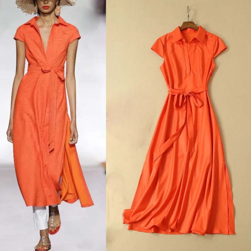 European Style 2019 Summer Runway Clothes Turn Down Collar Short Sleeve Solid Long Dress Empire Sashes Sexy Slit Women Dresses Женская