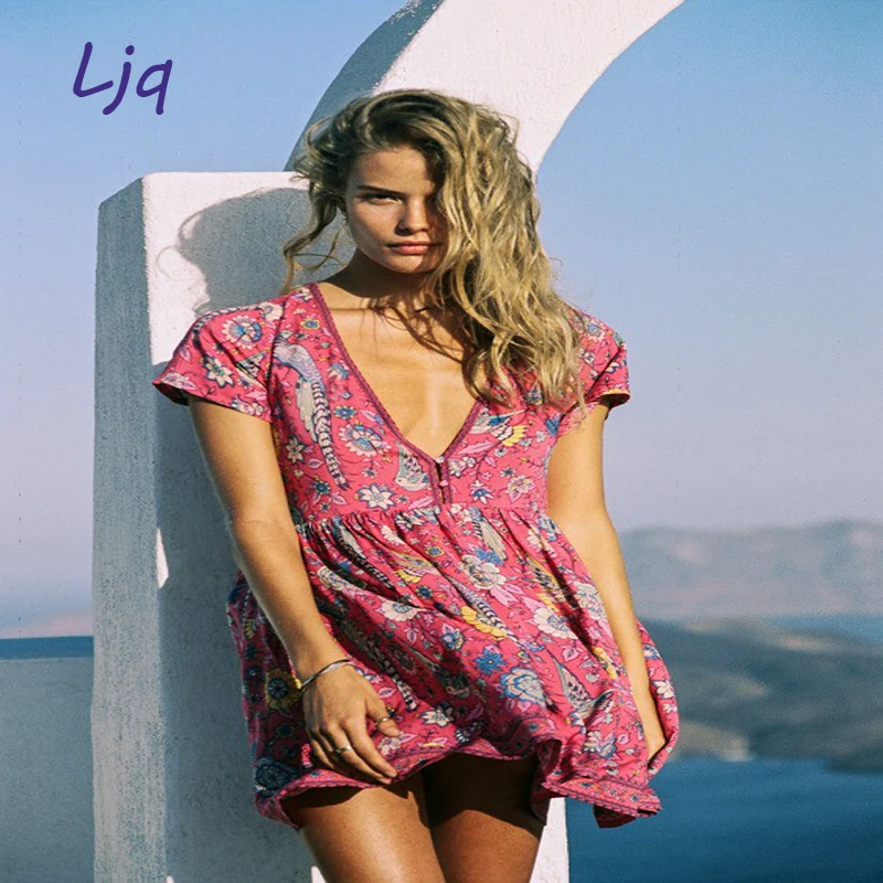 Ljq бохо платье красный любовь-птицы цветочный принт мини-платье v-образным