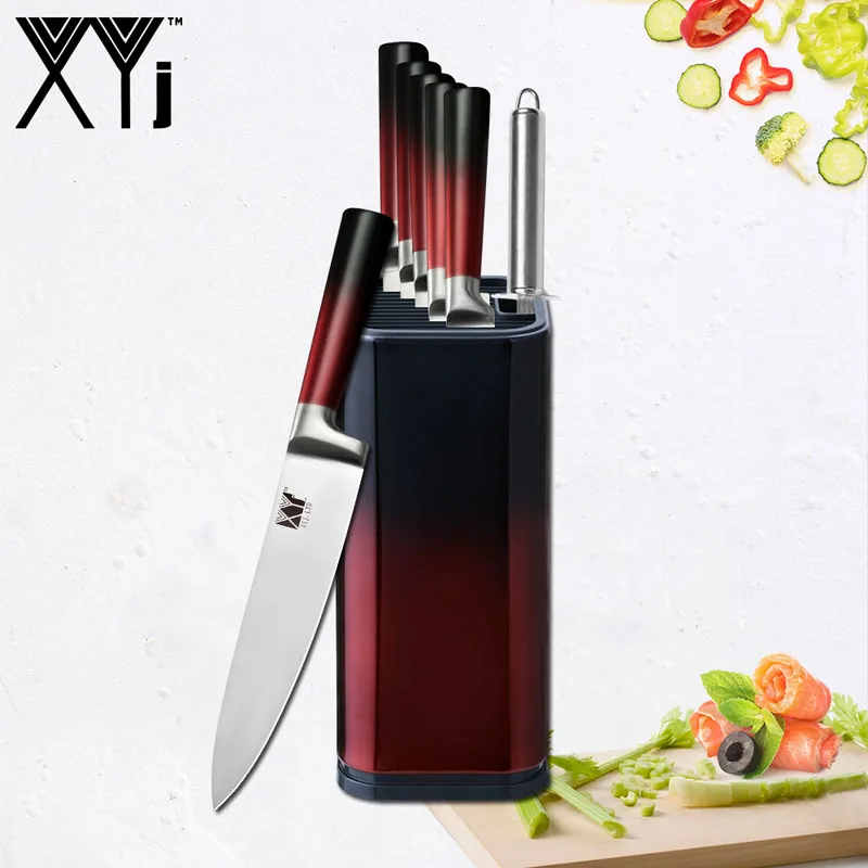 8 Pcs Set XYj набор кухонных ножей из нержавеющей стали с красной и черной ручкой того же цвета, 8 дюймов, подставка для ножей, точилка для ножей, кухонный набор для приготовления пищи - Цвет: 8 Pcs Set