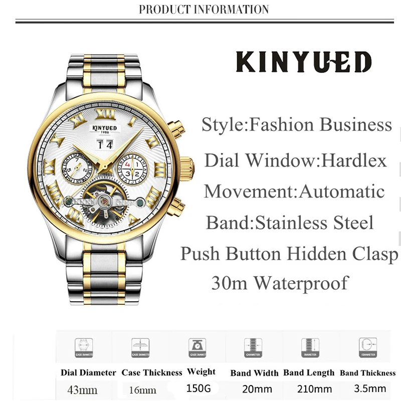 Kinyued Бизнес Деловые часы Для мужчин S Skeleton Tourbillon автоматические часы Для мужчин золото Сталь Календари Водонепроницаемый Relojes HOMBRE