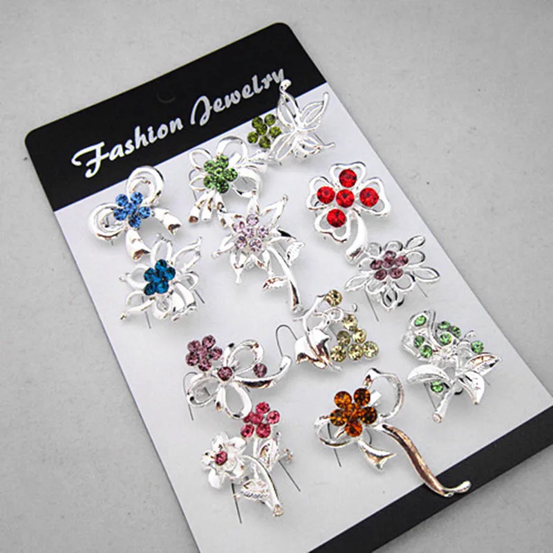 

Multicolor Crystals 12PCS Mixed Designs Flower Small Pin Brooch Wedding Card Accessories Pretty Silver Brooch