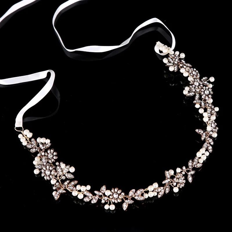 

SLBRIDAL Antique Gold Color Handmade Rhinestone Crystal Pearls Floral Bridal Wedding Tiara Headband Headpiece Hair accessories