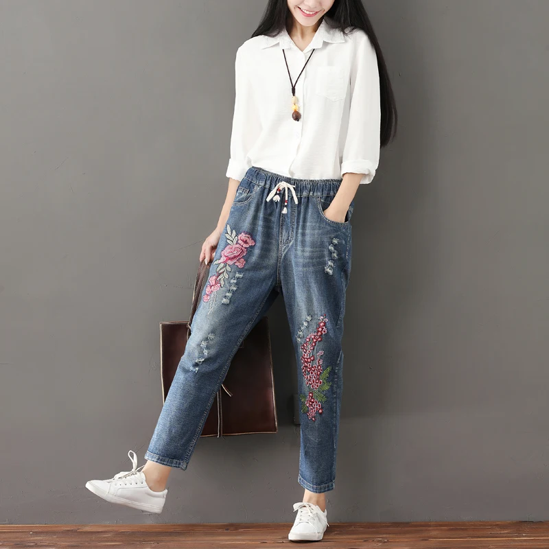 Брюки султанки женские джинсовые с вышивкой Модные свободные повседневные штаны