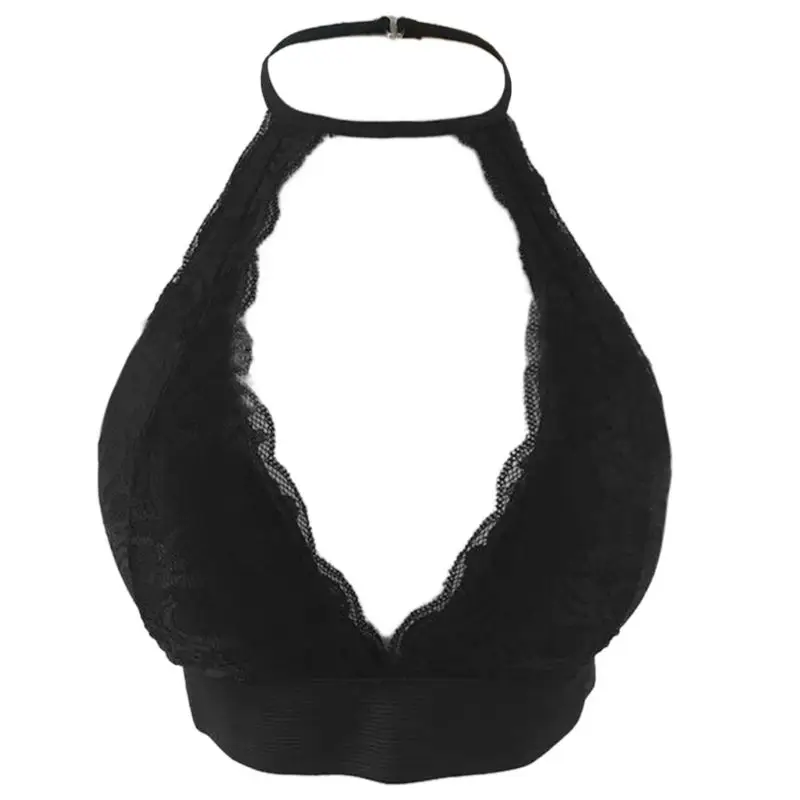 

Women Floral Lace High Neck Bralette Halter Hollow Crop Top Strappy Backless Bra