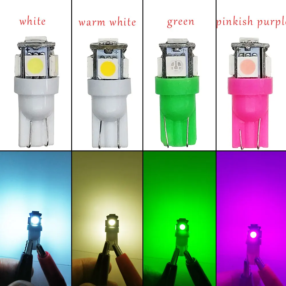 10 шт. T10 светодиодный W5W 5050 5SMD светодиодный автомобиль внутренняя подсветка номерных знаков лампы фонари сигнала поворотов 5w5 t10, белый, красный, желтый, зеленый, розовый, синий, 12 V