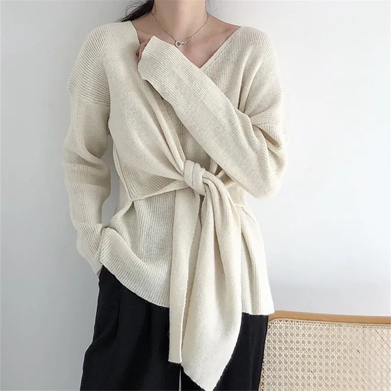 Korobov Sweater Feminine Korean Waist Lace Up Women Sweaters Solid Irregular Sueter Mujer V-Neck Casual Knitted 75917 | Женская одежда